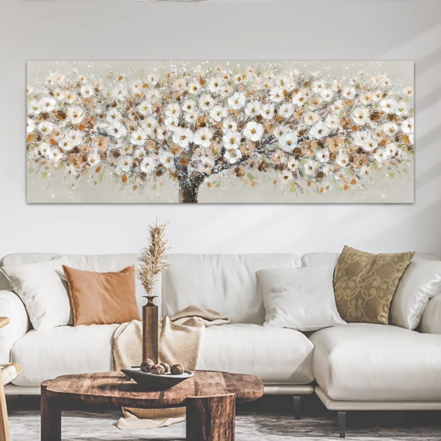 Large White Floral Blossom Canvas Wall Art 120x50cm Modern Living Room Decor