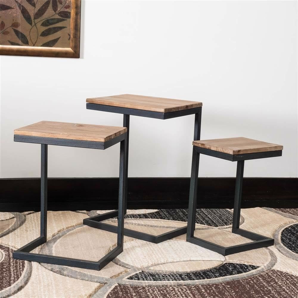 3pc Rustic Industrial Nesting End Side Tables Stackable Wood Tops Metal Frames