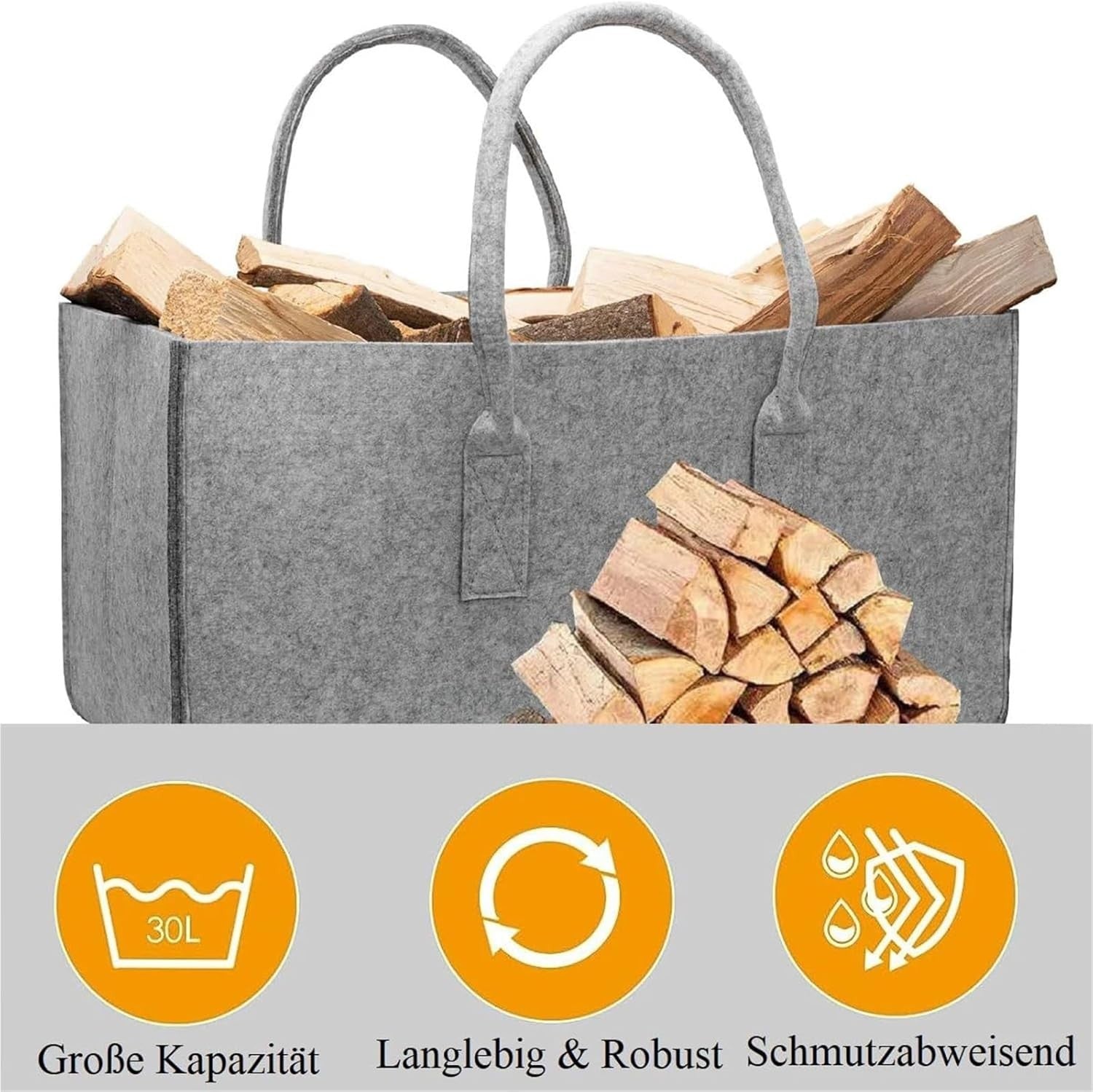 Large Firewood Log Carrier Tote Bag Felt Basket Grey Heavy Duty Storage