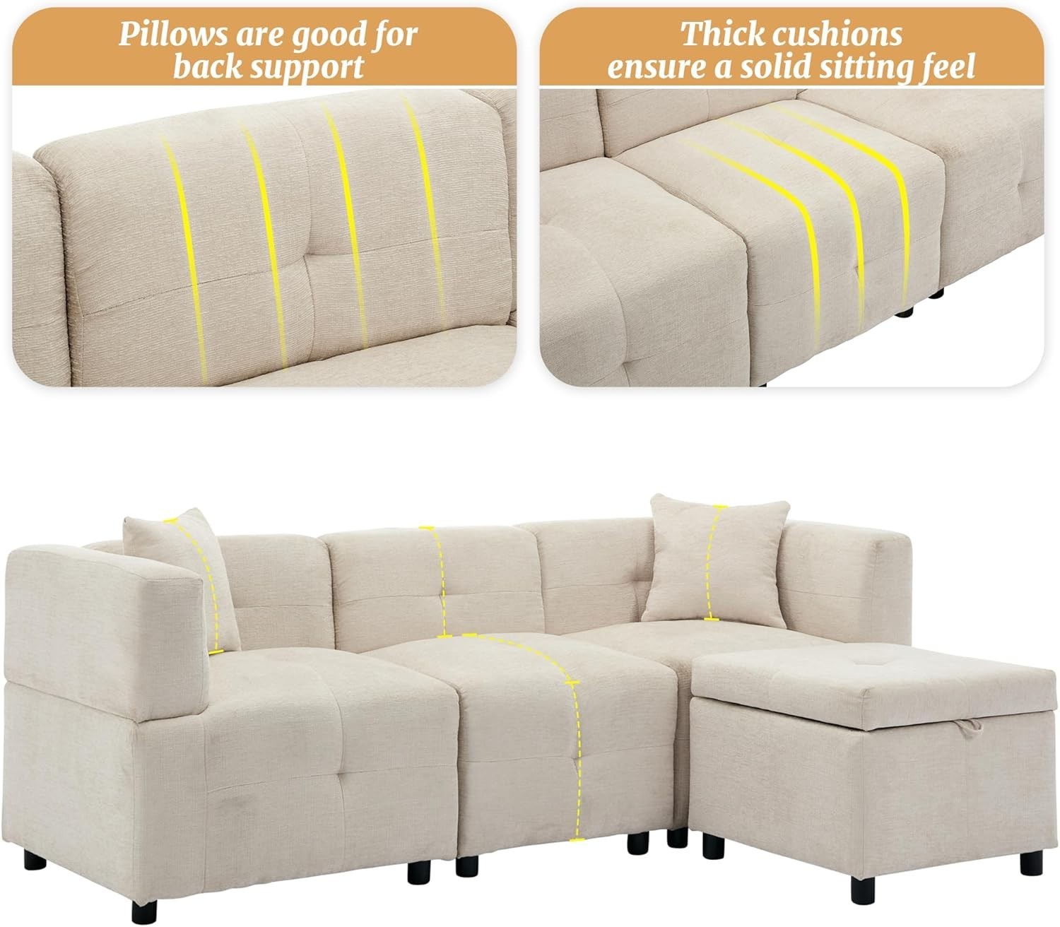 4-Seat L-Shaped Corner Sofa with Storage Ottoman, Removable Cushions, Beige