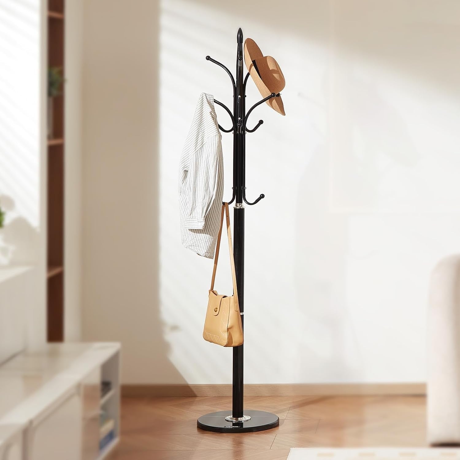 Freestanding Coat Rack with Marble Base | 6 Hook Metal Hall Tree Stand