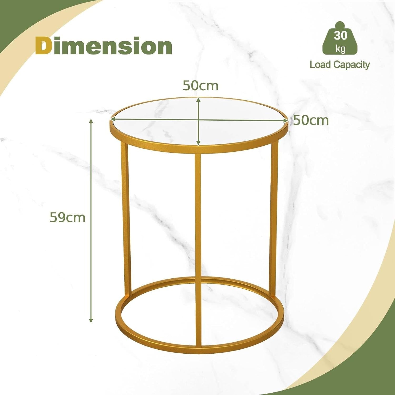 Marble Top Round Side Tables Set of 2 – Gold Metal Frame Modern End Tables
