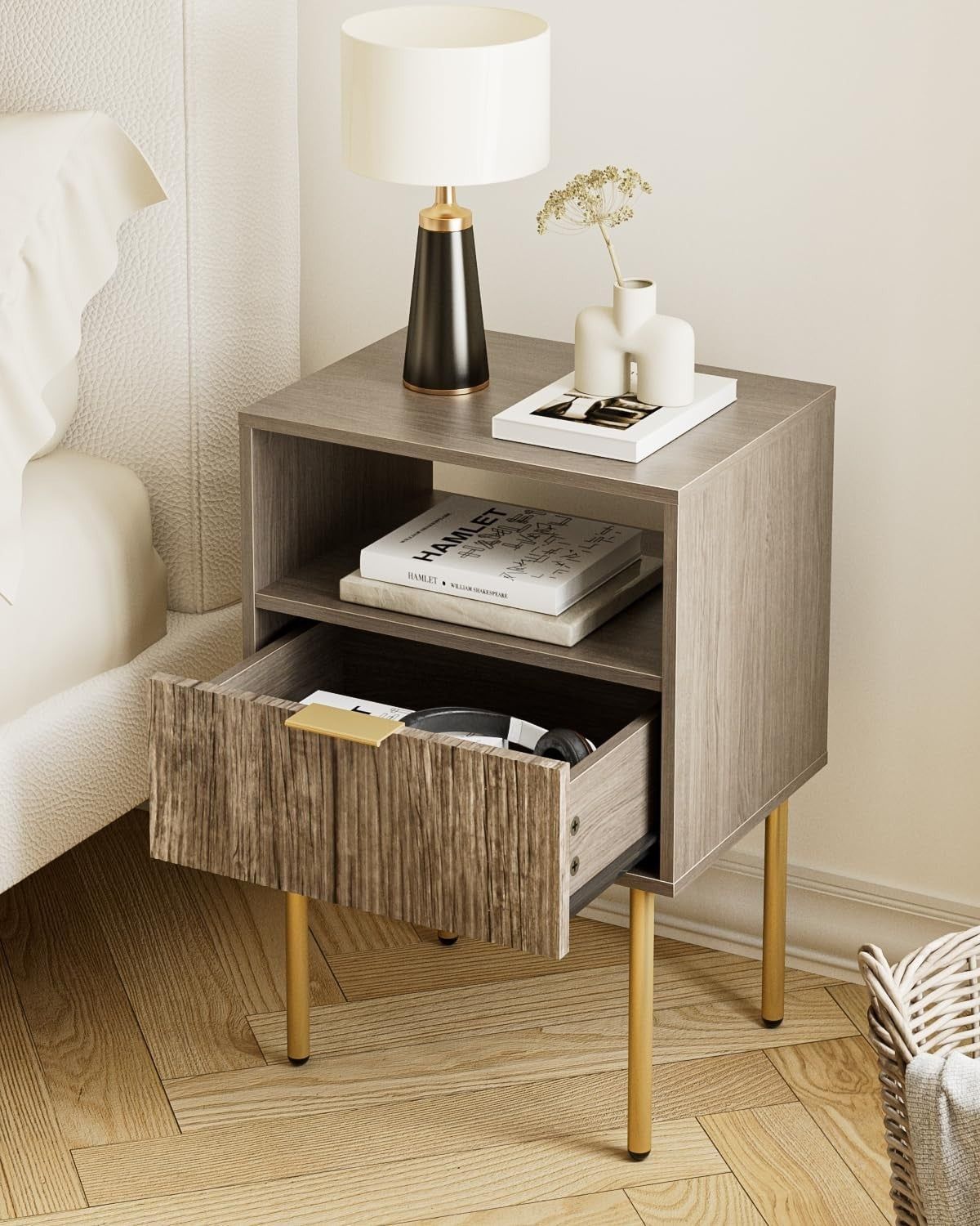 Modern Grey Bedside Table with Drawer & Open Shelf | Wooden Nightstand