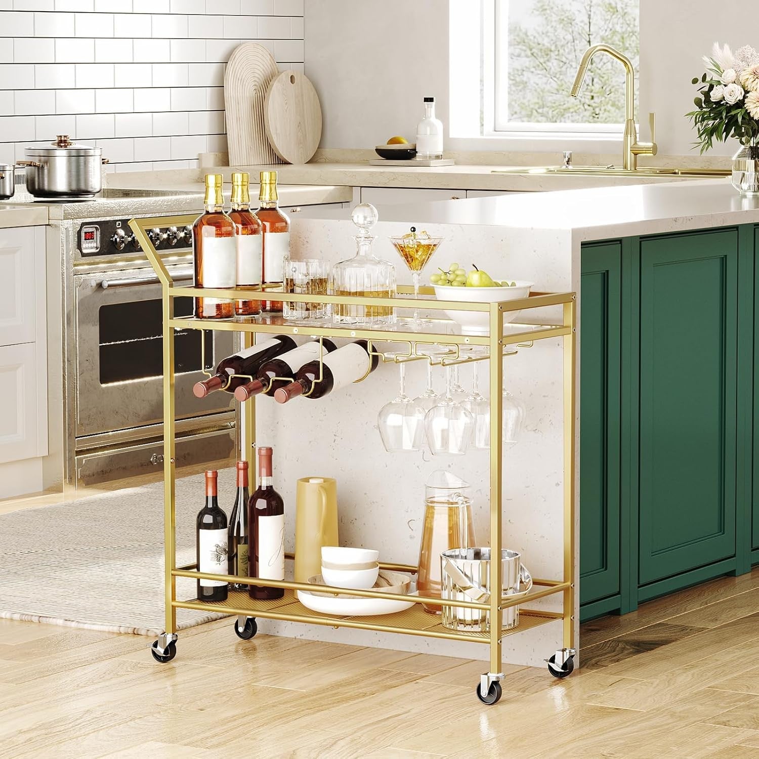 Gold Bar Cart Drinks Trolley on Wheels Glass Shelves Wine Rack Holder