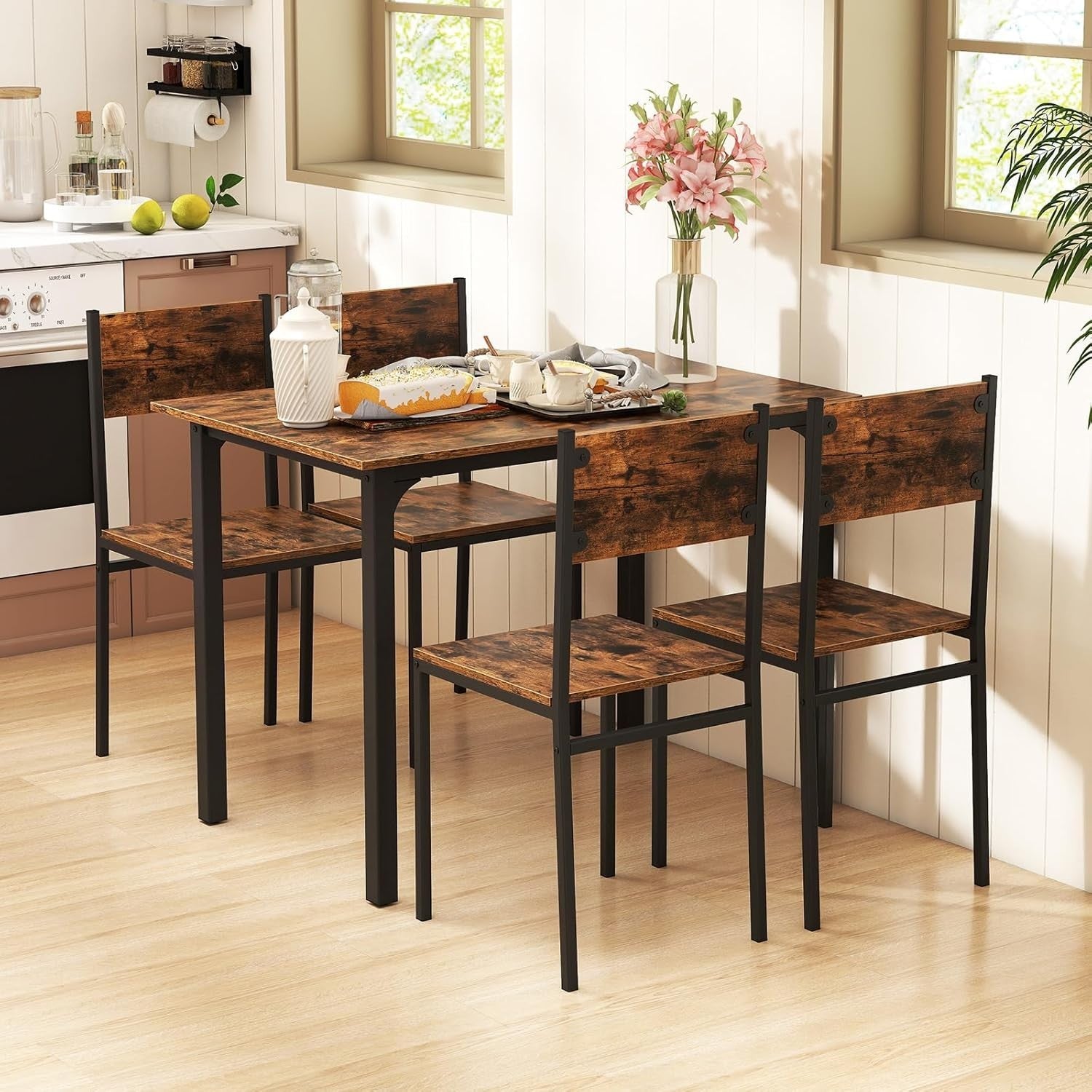 4 Seater Dining Table Set Chairs Wood Metal Kitchen Small Space Modern