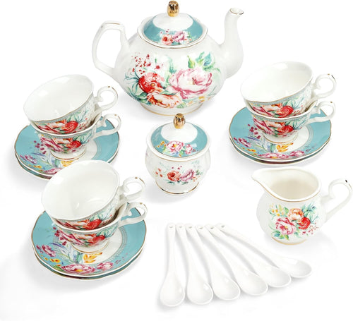 21 Piece Porcelain Tea Set Floral Teapot Cups Saucers Vintage Afternoon Tea