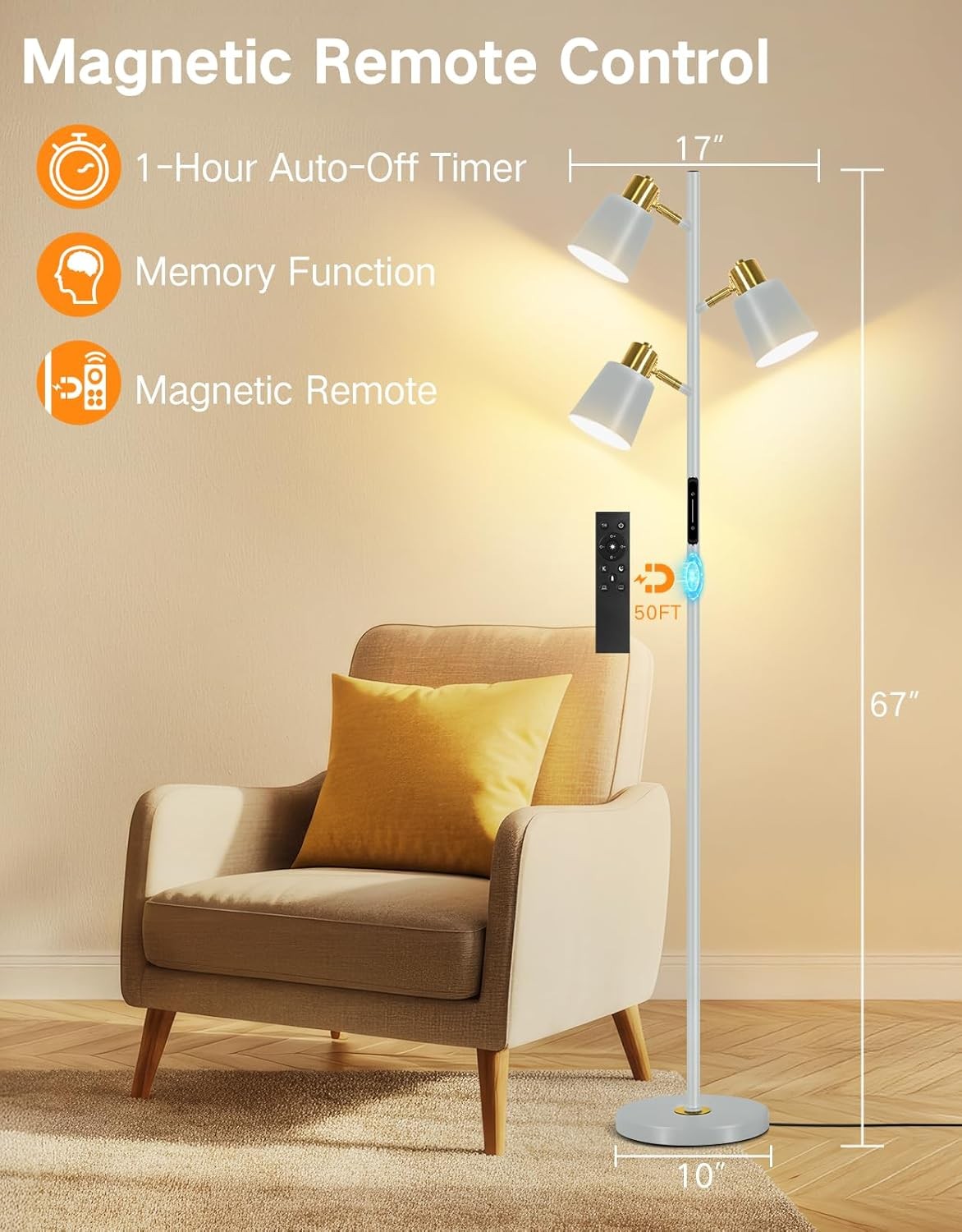LED Tree Floor Lamp Dimmable Remote Touch 3 Head Adjustable Modern