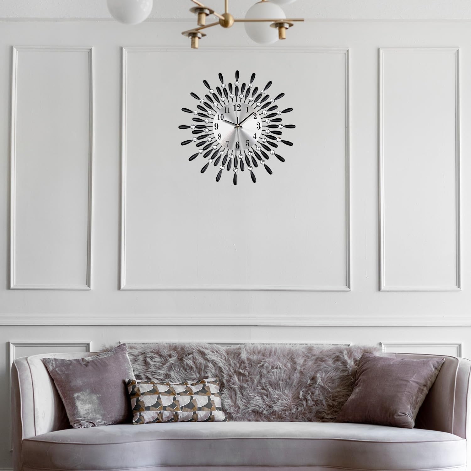60cm Luxury Sunburst Wall Clock – Diamante Beaded Metal Design Black