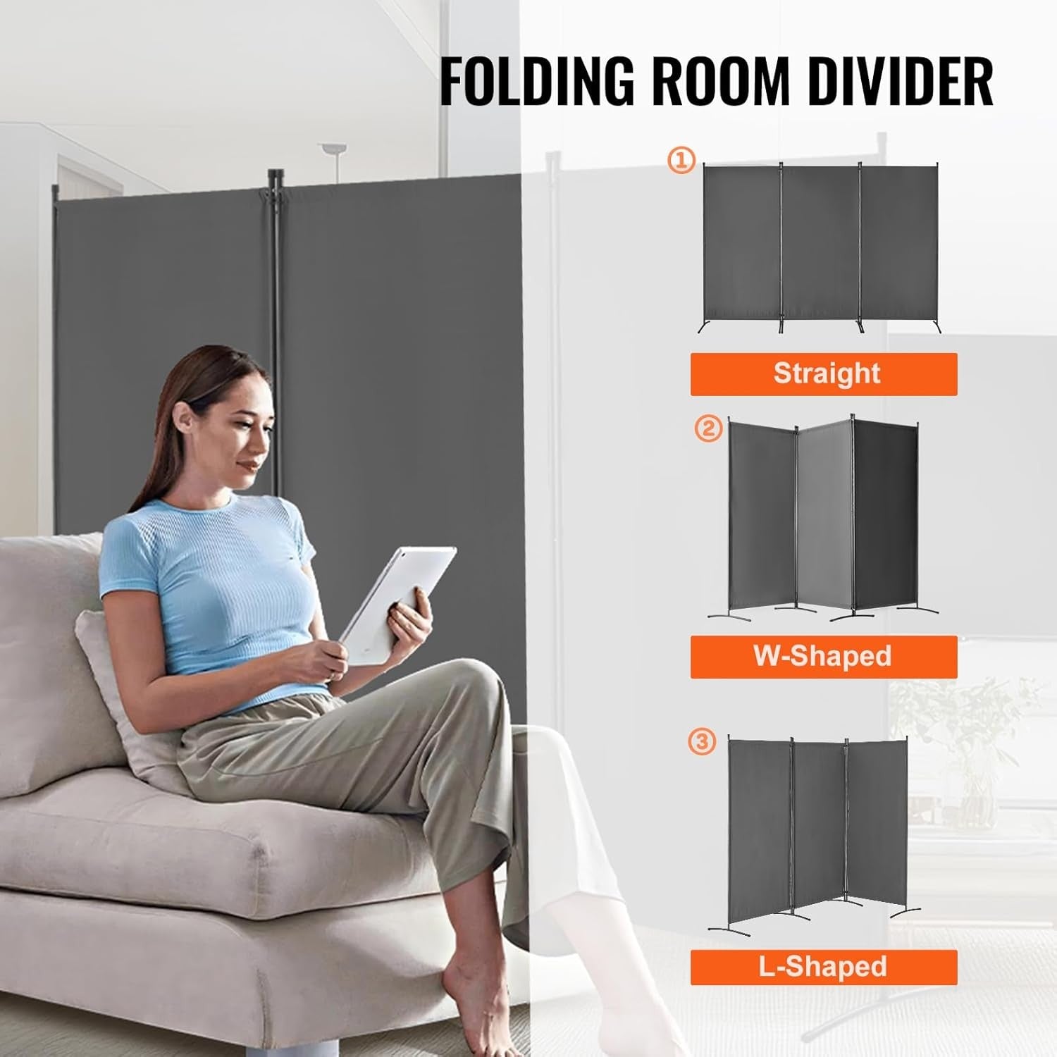 3 Panel Grey Folding Room Divider Privacy Screen Partition 260x184cm