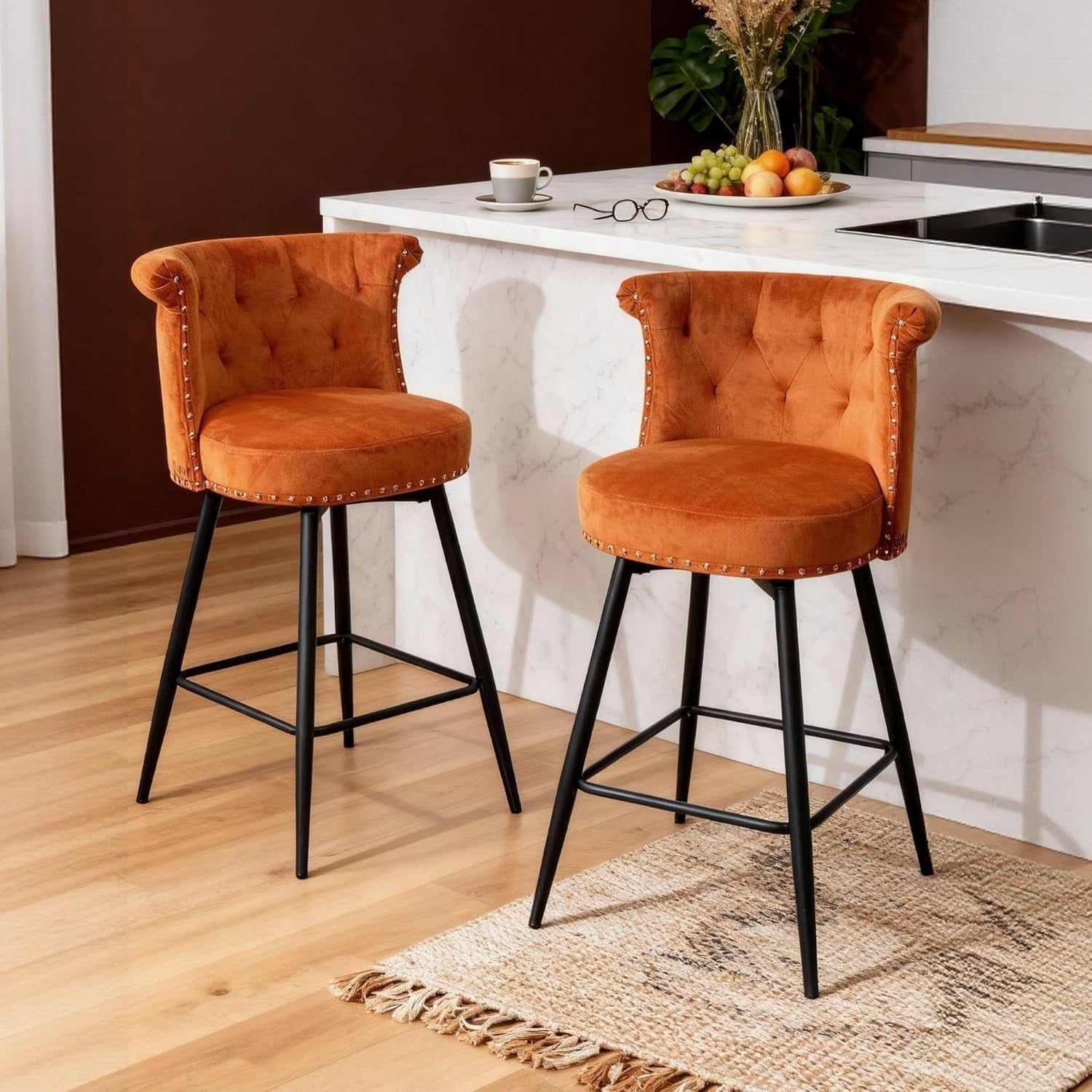 Swivel Bar Stools Set of 2 | Orange PU Leather L-Shaped Counter Chairs