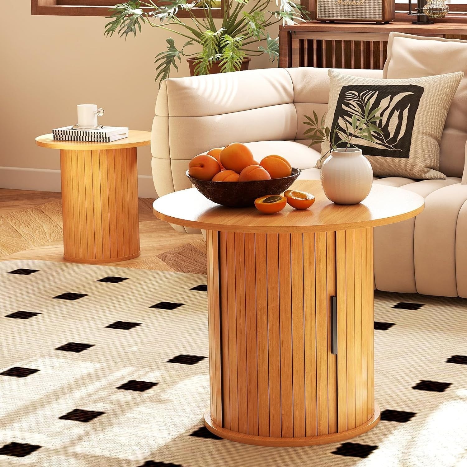 2pcs Round Nesting Coffee Table Set Wood Hidden Storage Side End Living Room