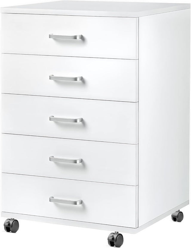 White Mobile Filing Cabinet 5 Drawer 75cm Rolling Office Storage