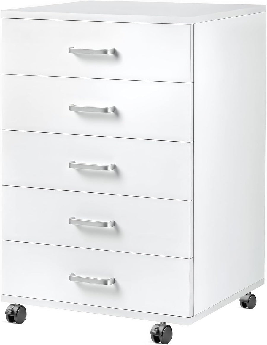 White Mobile Filing Cabinet 5 Drawer 75cm Rolling Office Storage