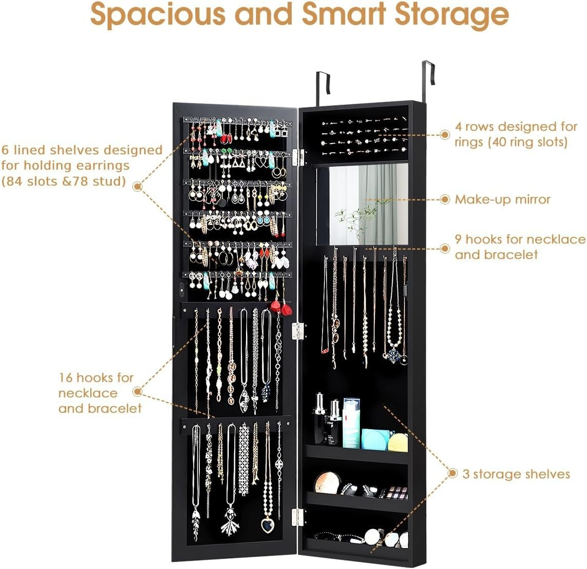 Hanging Jewelry Cabinet Full Length Mirror Wall Mounted Storage Black