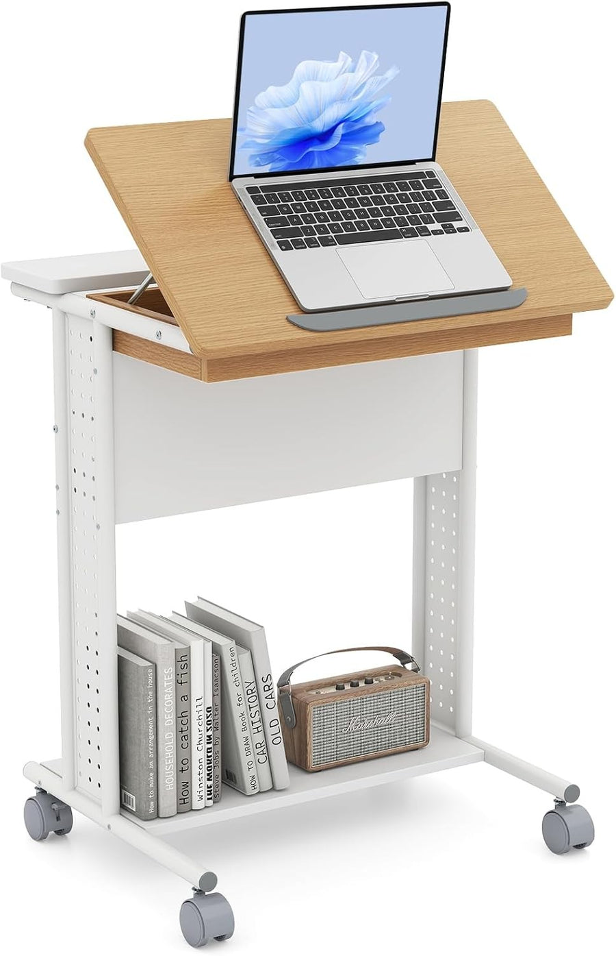 Rolling Laptop Desk with Wheels Tilt Top Storage Shelves Overbed Table