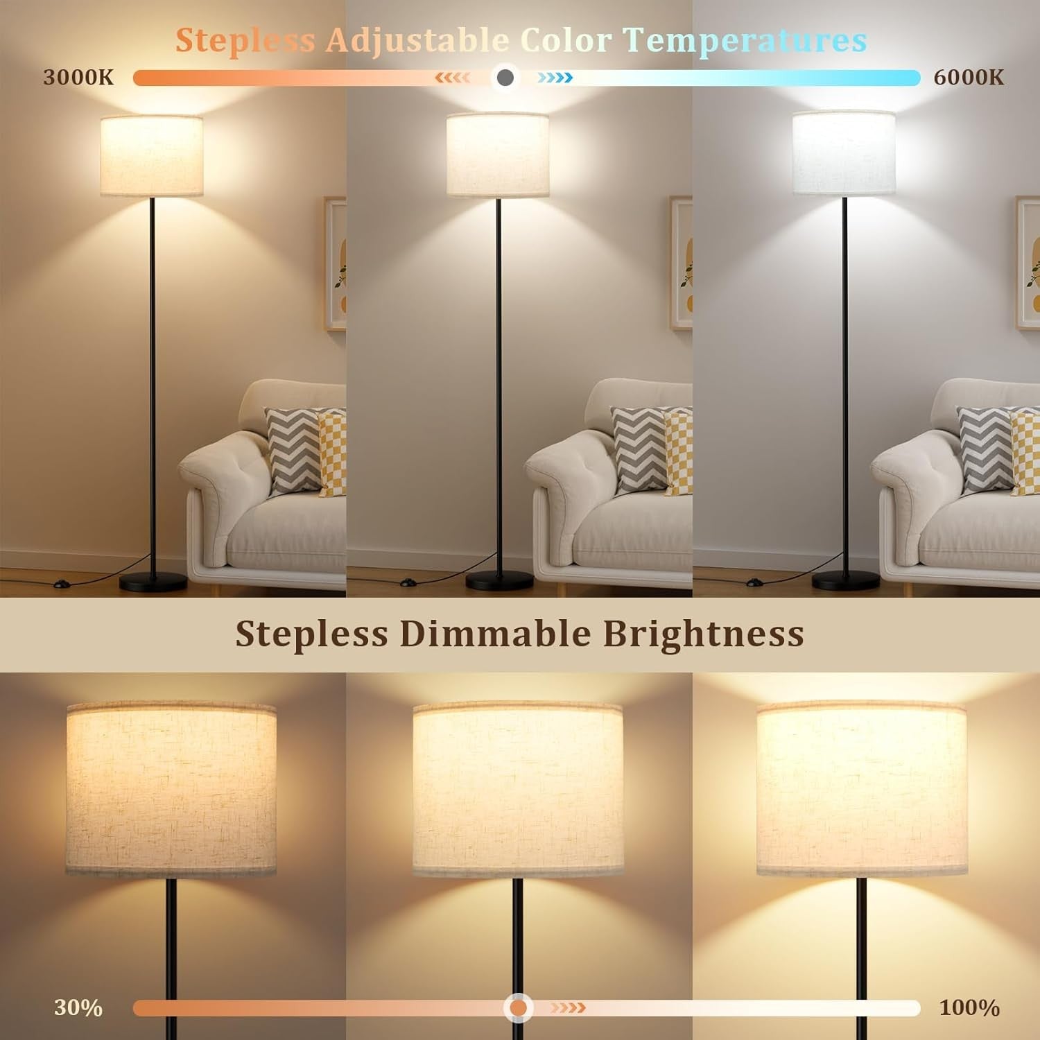 LED Floor Lamp with Remote Dimmable Brightness Colour Temperature Bulb Included