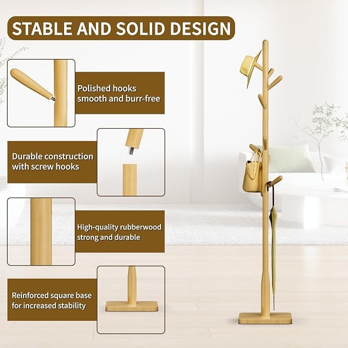 Natural Wood Coat Rack 8 Hooks Square Base Freestanding Hall Tree Stand