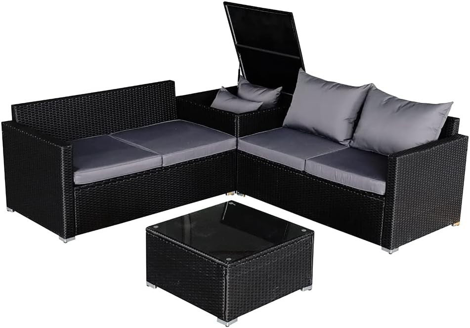 Rattan Garden Corner Sofa Set 4 Seater – Table, Storage & Cover, Outdoor Use