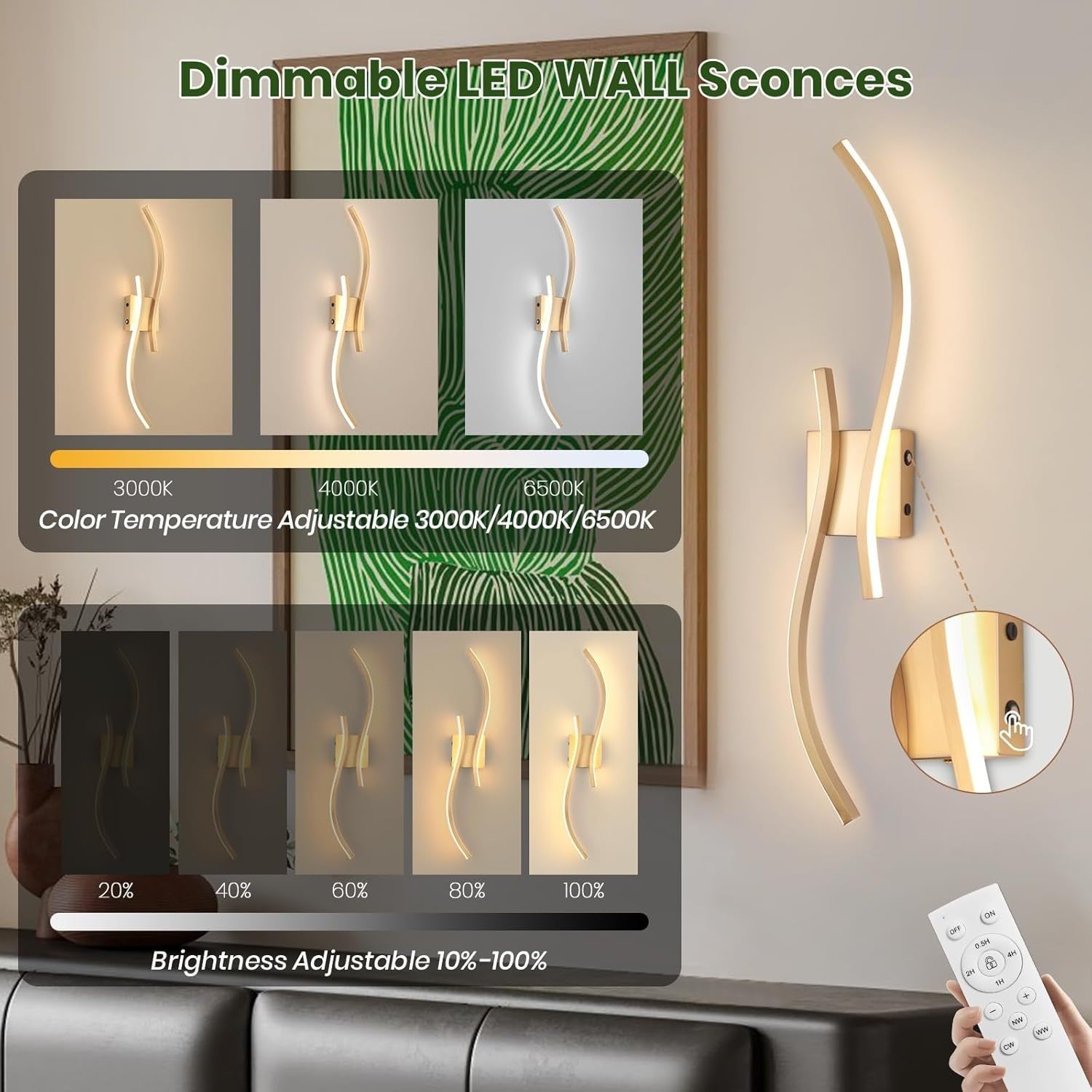 LED Rechargeable Wall Sconces 2-Pack, 3000K-6000K, Remote Control, 80cm
