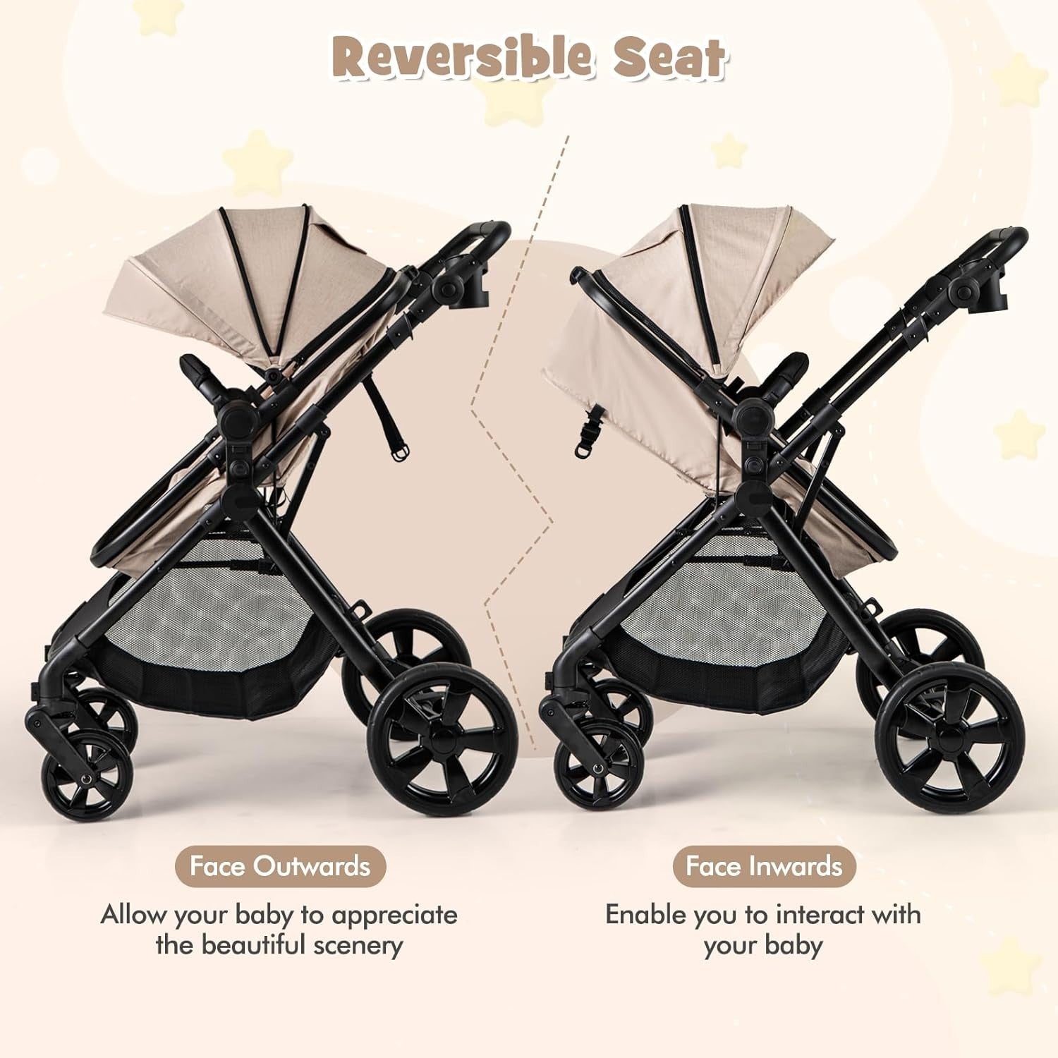 2 in 1 Baby Pushchair Travel Foldable Lightweight Reversible Stroller Beige