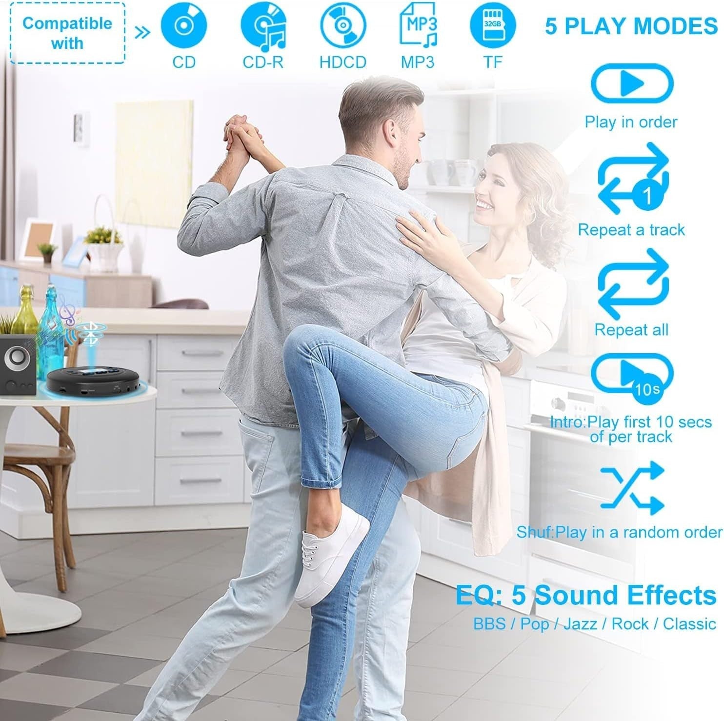 Portable Bluetooth CD Player Rechargeable Anti-Skip Dual Headphone SD