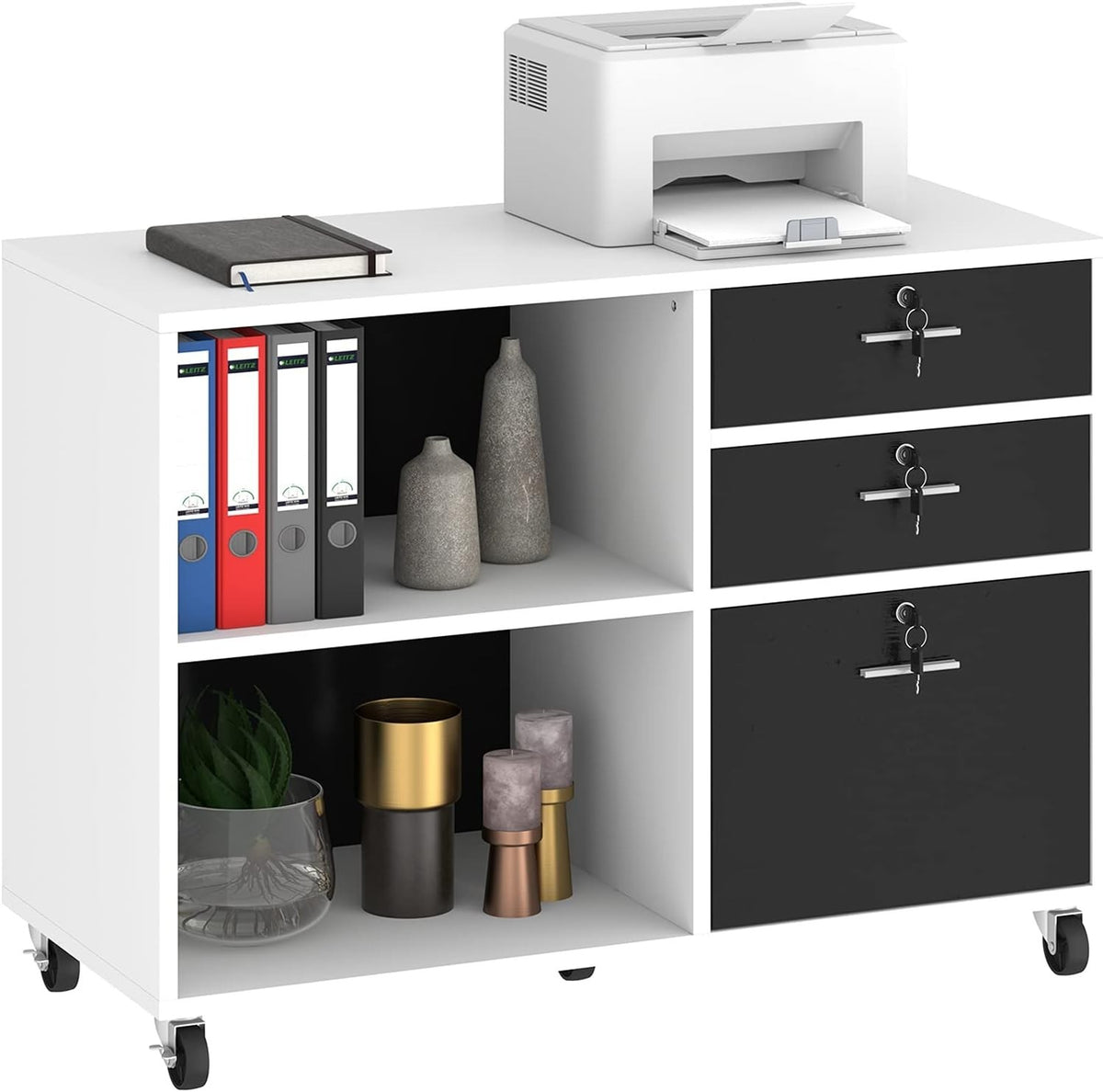 3 Drawer Mobile Wood File Cabinet Printer Stand with Shelves White Black
