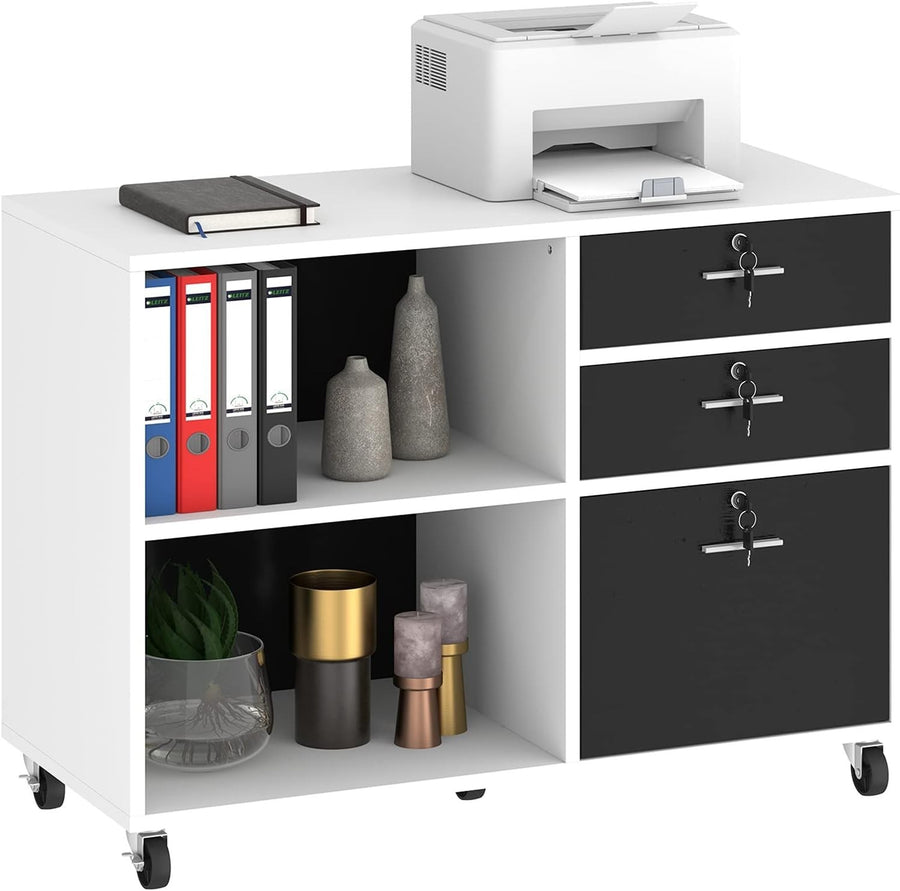 3 Drawer Mobile Wood File Cabinet Printer Stand with Shelves White Black