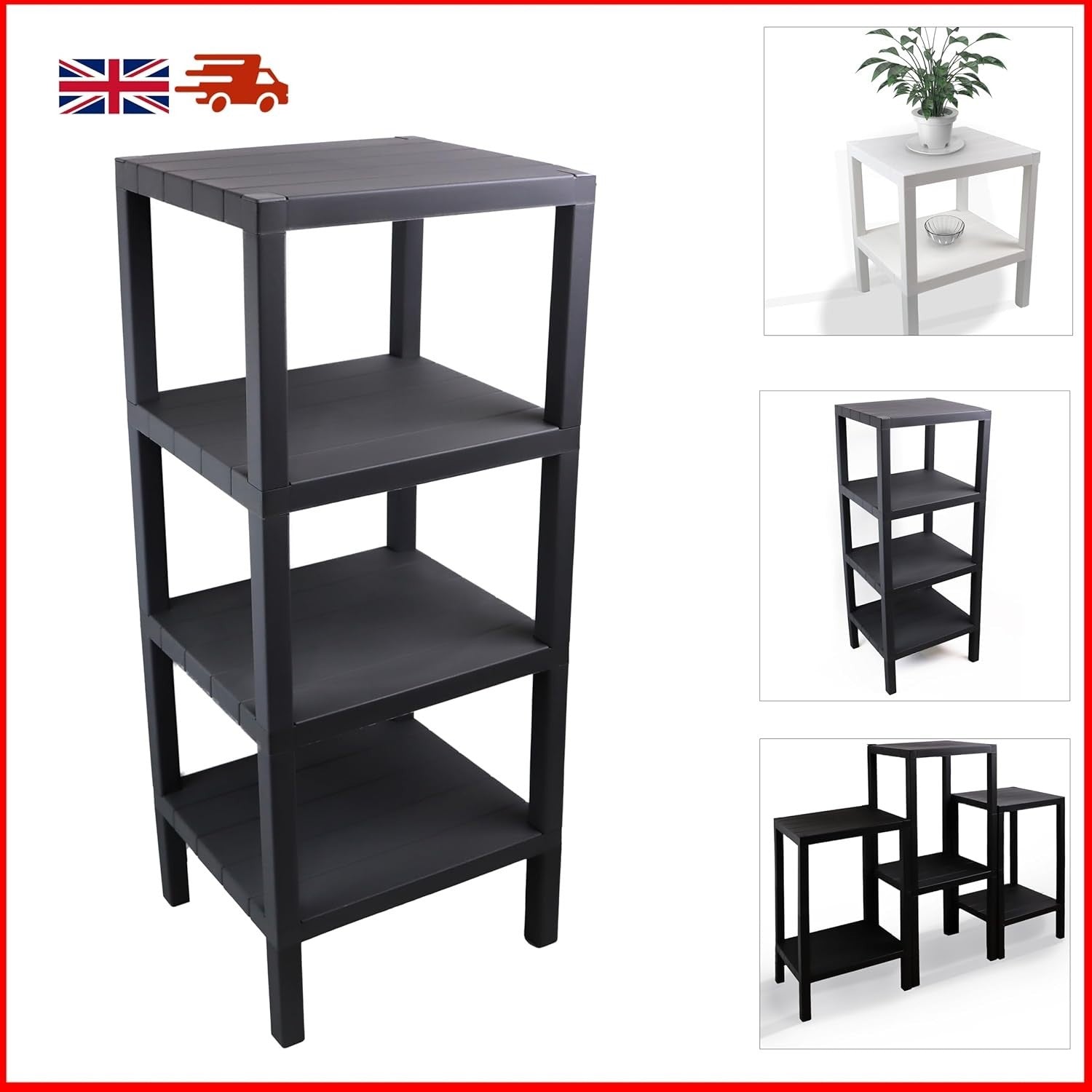 4 Tier Black Side End Table – Sturdy Storage Shelf for Narrow Spaces