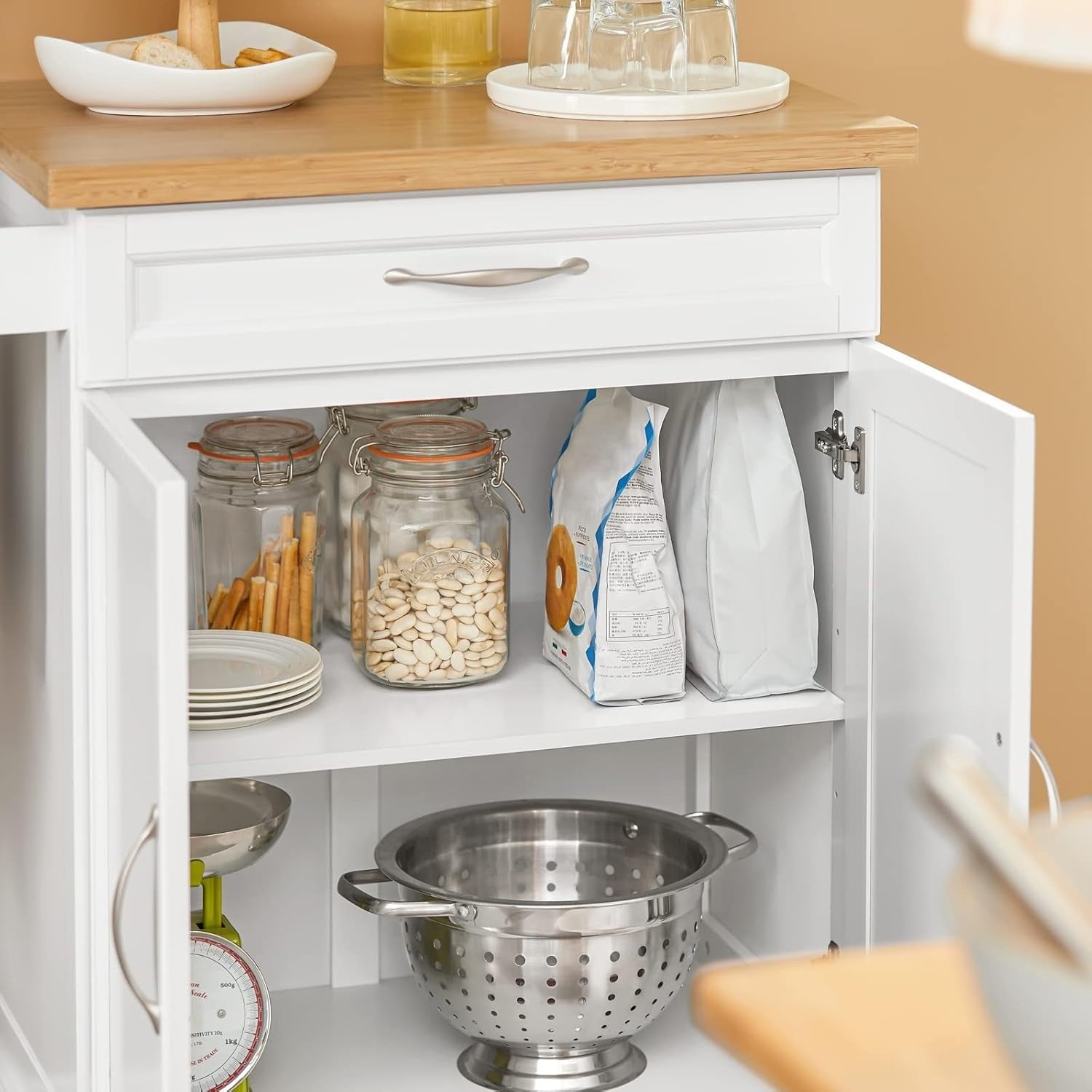 White Kitchen Trolley Bamboo Worktop Storage Cabinet Cart