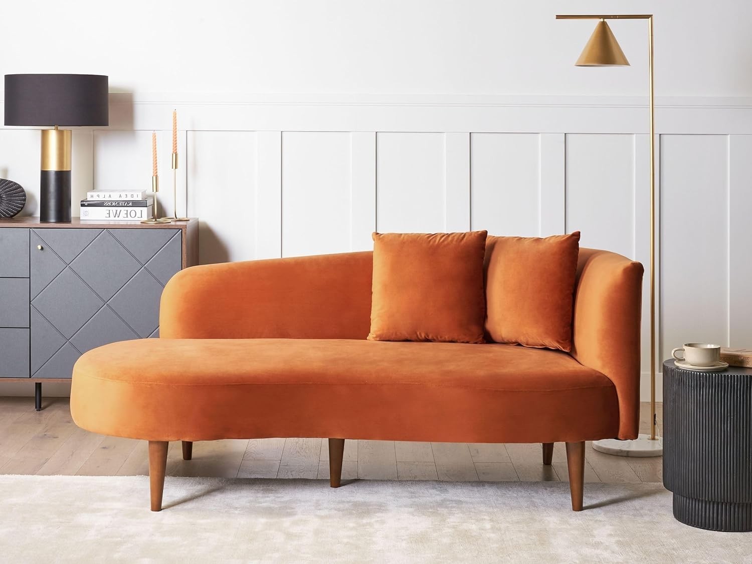 Right Hand Velvet Chaise Lounge Orange with Dark Wood Legs & Throw Pillows