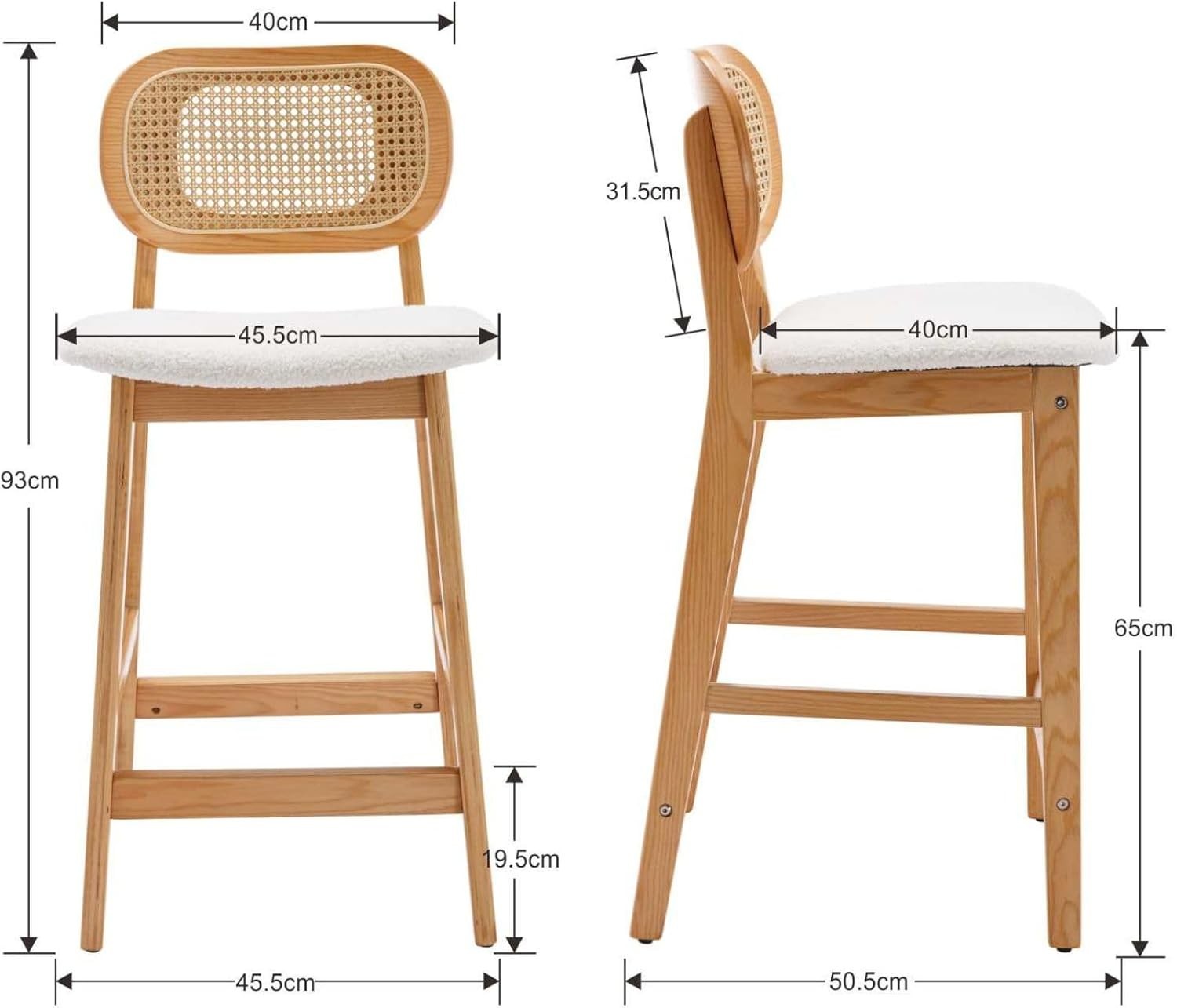 Rattan Bar Stools Set of 2 Counter Height Wooden Kitchen Island Chairs