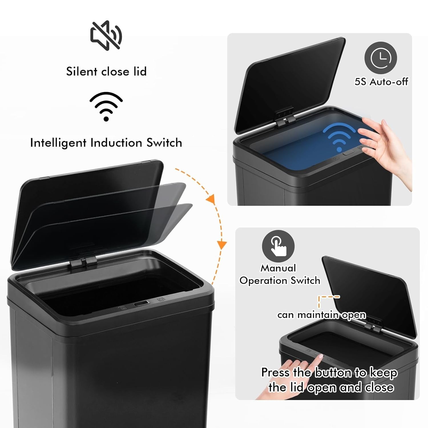 50L Automatic Kitchen Bin Touchless Stainless Steel Tall Sensor Lid