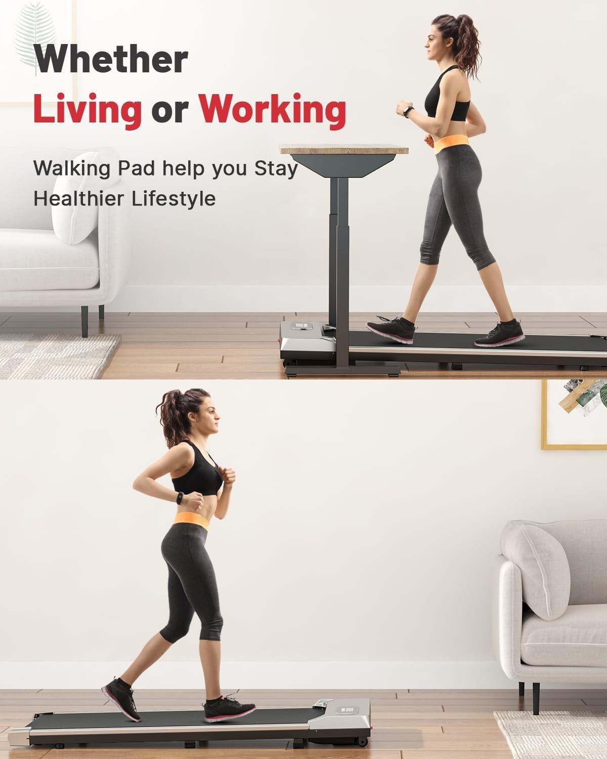 Under Desk Treadmill Walking Pad LED Display Remote 8km/h, Compact Home
