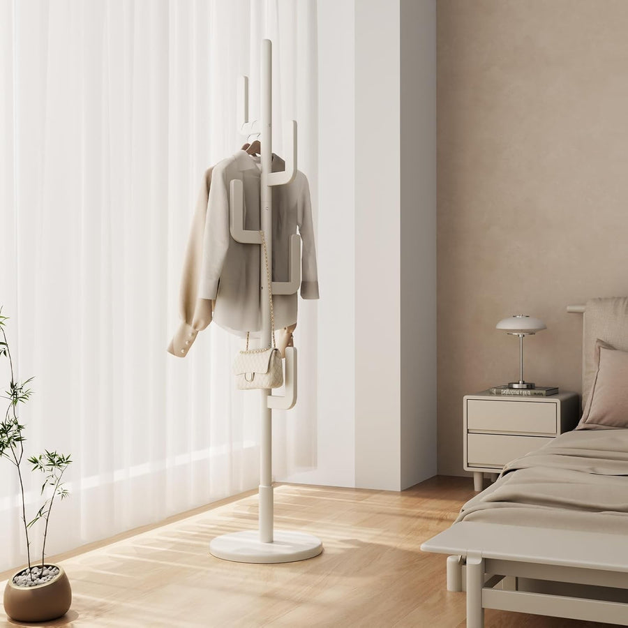 White Wooden Coat Rack 6 Hooks Cactus Design Freestanding Hall Tree Stand