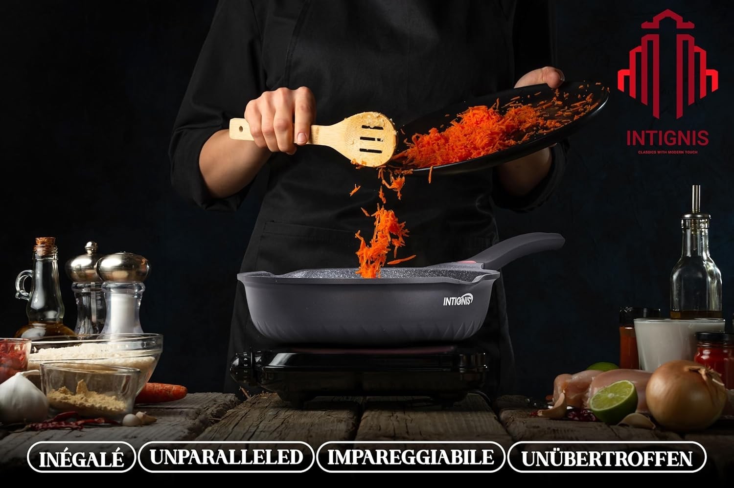 28cm Black Deep Non Stick Frying Pan with Lid  3in1 Skillet Sauté Pan & Mini Wok