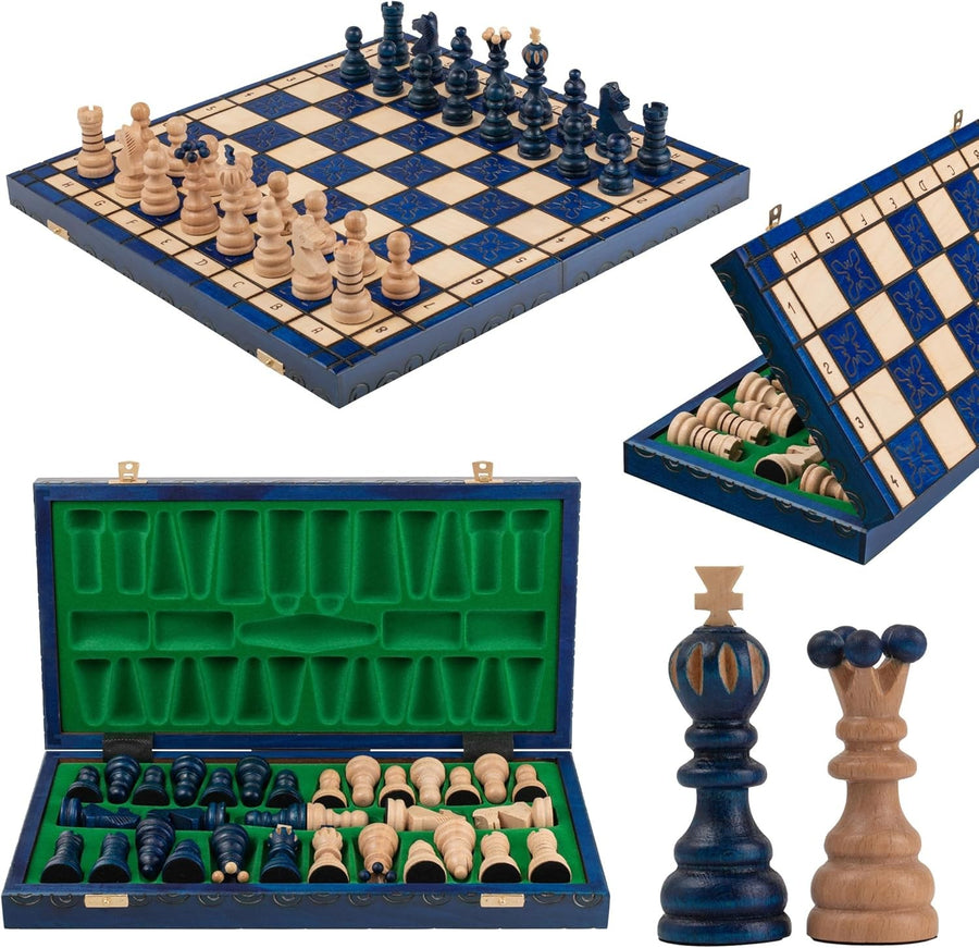 Luxury 42cm Wooden Chess Set XL | Handcrafted Blue Board & Pieces | Premium Gift