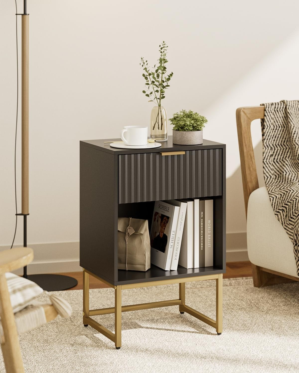Modern Black Fluted Bedside Table with Drawer & Shelf – Gold Metal Legs
