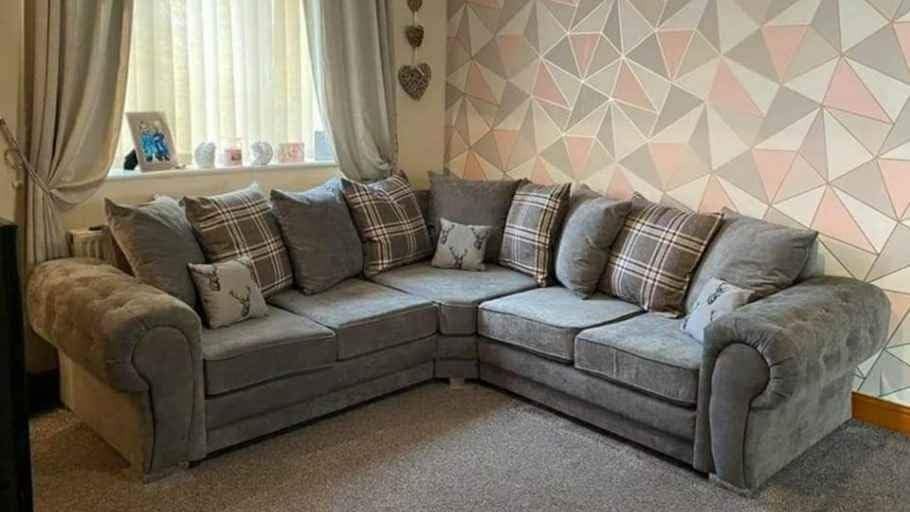 Grey Fabric Corner Sofa Bed with Scatter Cushions Large 2C2 L-Shape Sofa