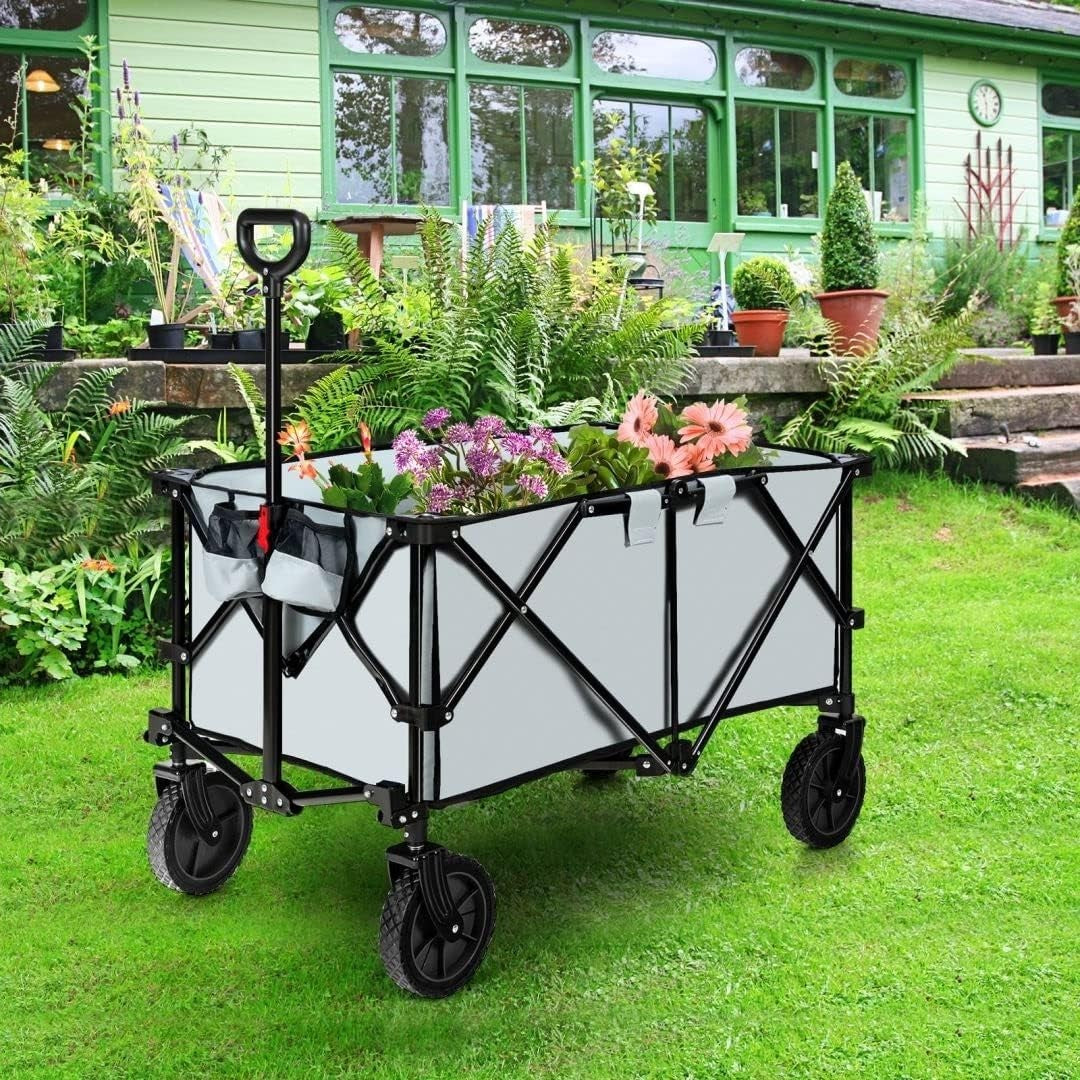 Grey Foldable Wagon Cart Collapsible Garden Trailer w/ Adjustable Handle