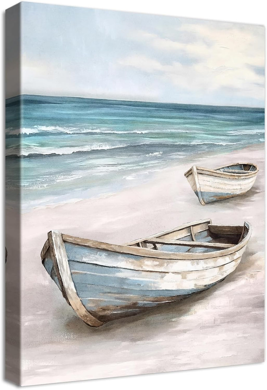 Blue White Sea Boat Canvas Wall Art 40x60cm Framed Coastal Decor