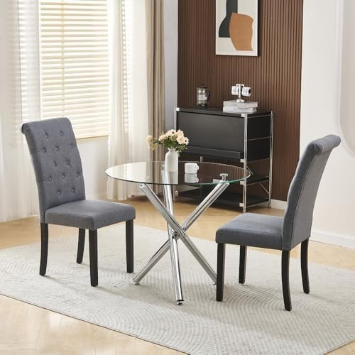 Round Glass Dining Table Set with 2 Grey Fabric Chairs Modern Small Space