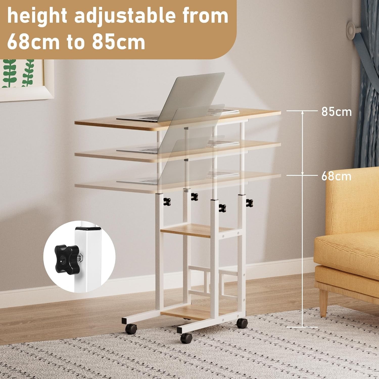 Overbed Table with Wheels Adjustable Height Bedside Laptop Desk Storage