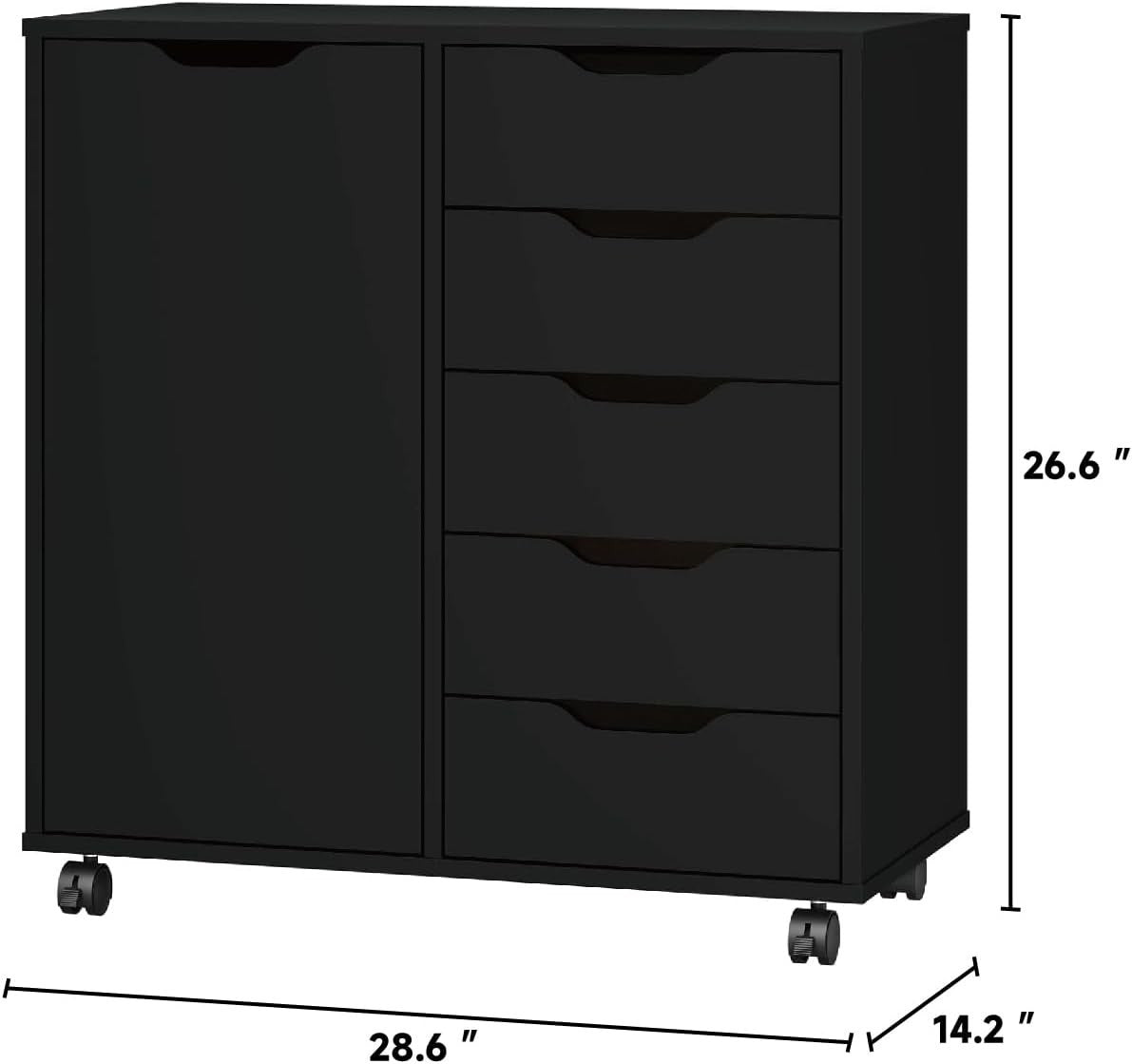 Black Mobile File Cabinet 5 Drawer Side Cupboard Rolling Storage
