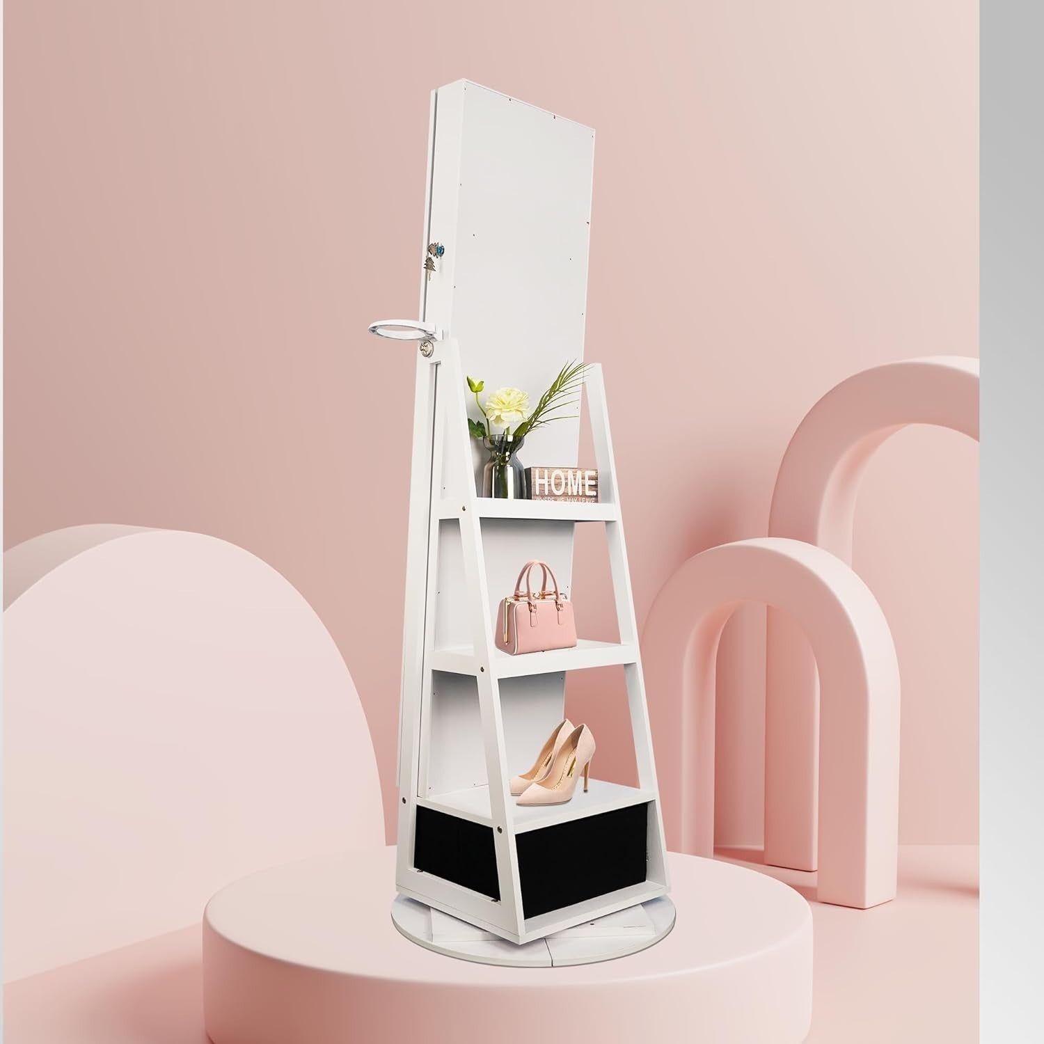 Lockable Full Length Mirror Jewellery Cabinet LED Storage 360° Rotating
