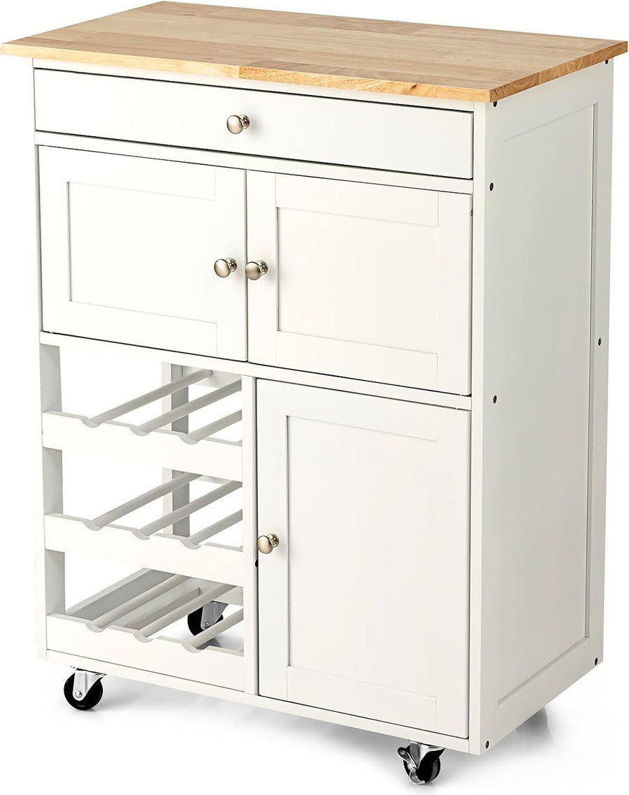 White Rolling Kitchen Island Trolley with Wine Rack, Drawer & Cabinets