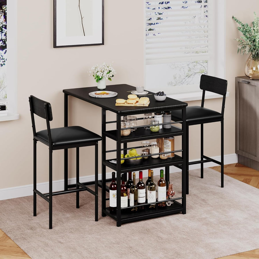3 Pieces Bar Table Set with 2 Upholstered Stools & Storage Shelves High Dining