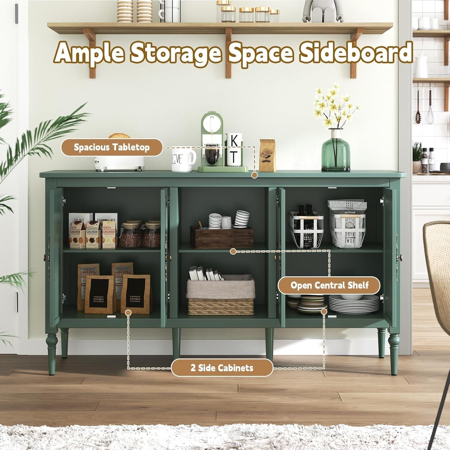 Green Wood Sideboard Cabinet 4 Door Gold Accent Buffet Storage Unit