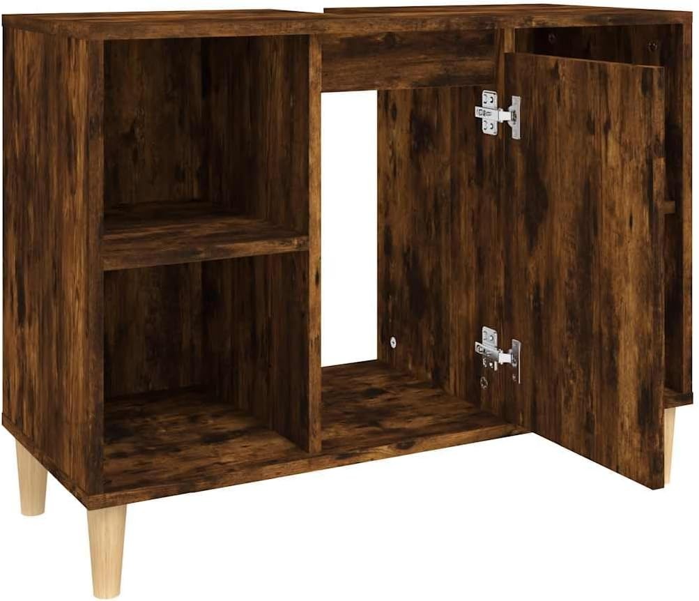 Smoked Oak Bathroom Sink Cabinet – Modern Vanity Unit with Shelves 80cm