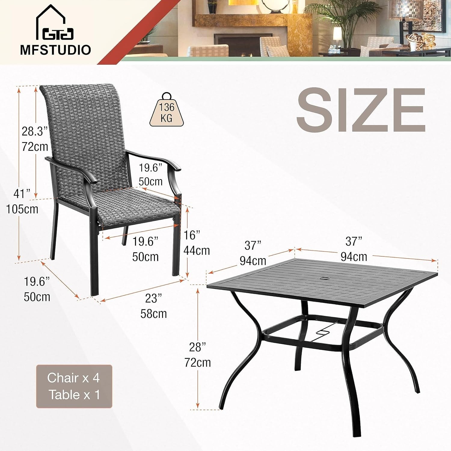 Outdoor 5-Piece Patio Dining Set with Metal Table & Rattan Chairs + Umbrella