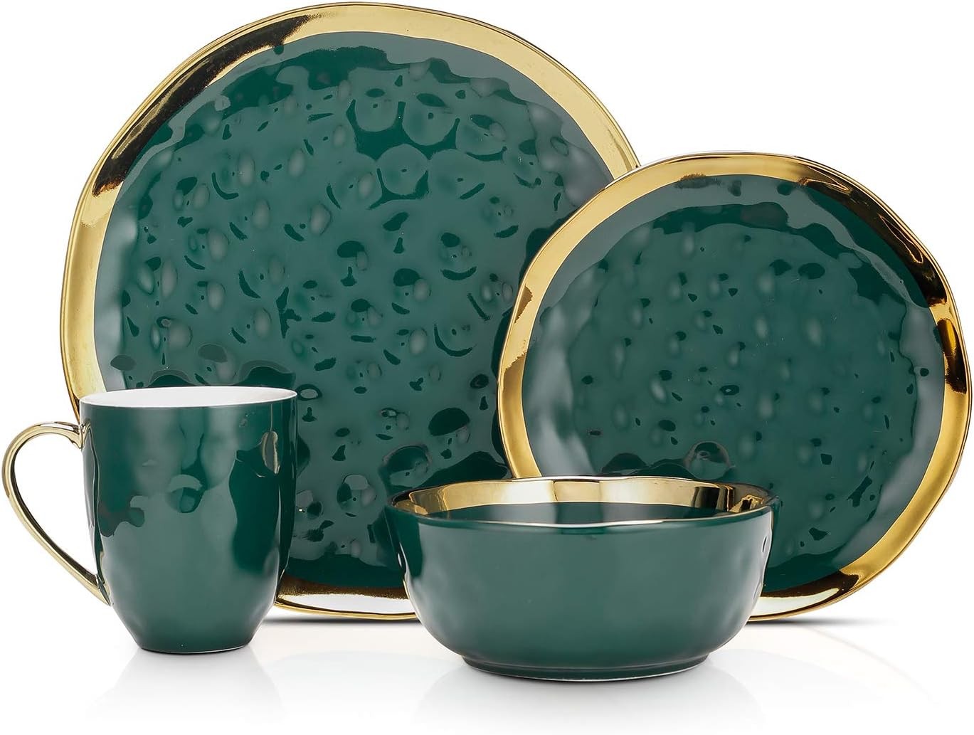 Green Gold Rim Dinnerware Set 16 Piece Porcelain Plates Bowls Service for 4
